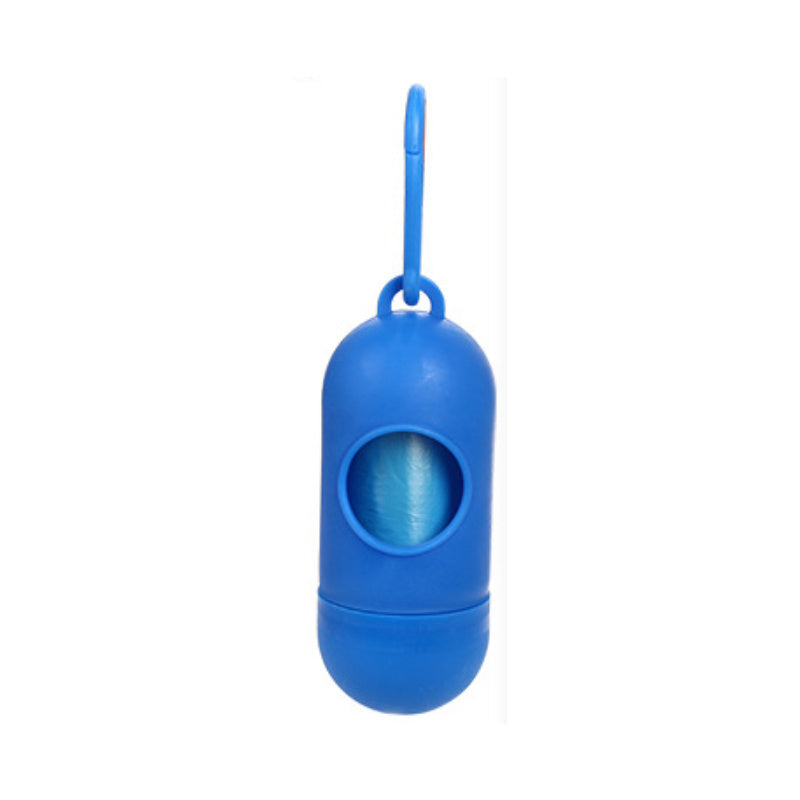 Blue pet poop bags with a hook on a white background