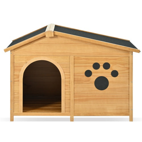Wooden dog house with a black roof and paw print design on a white background