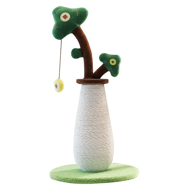 Cat toy with a tree branch and hanging ball on a white background