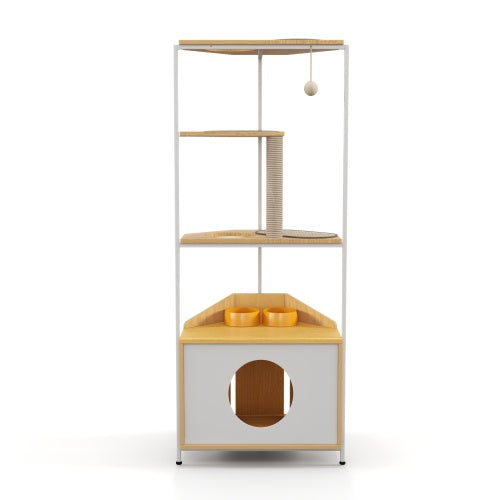 Cat play tower with wooden platforms and a hideout on a white background