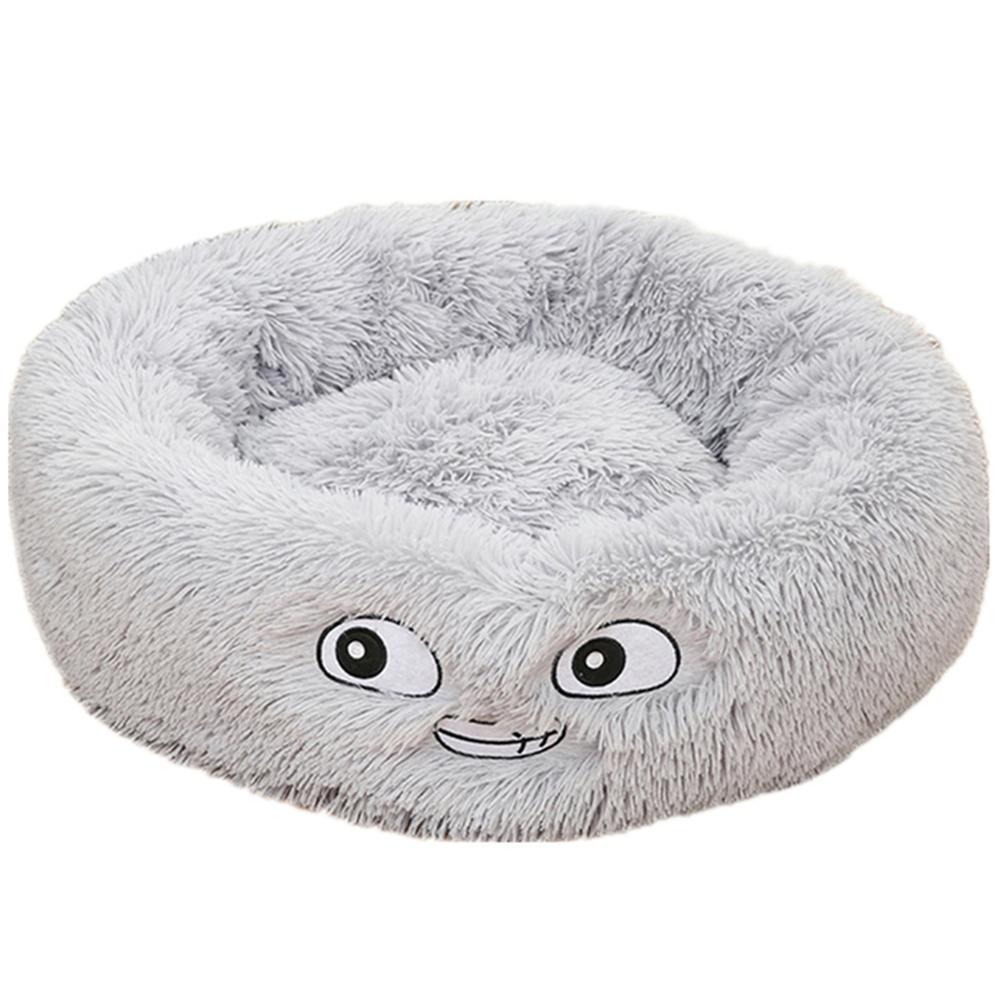 Fluffy gray pet bed with cartoon face on a white background