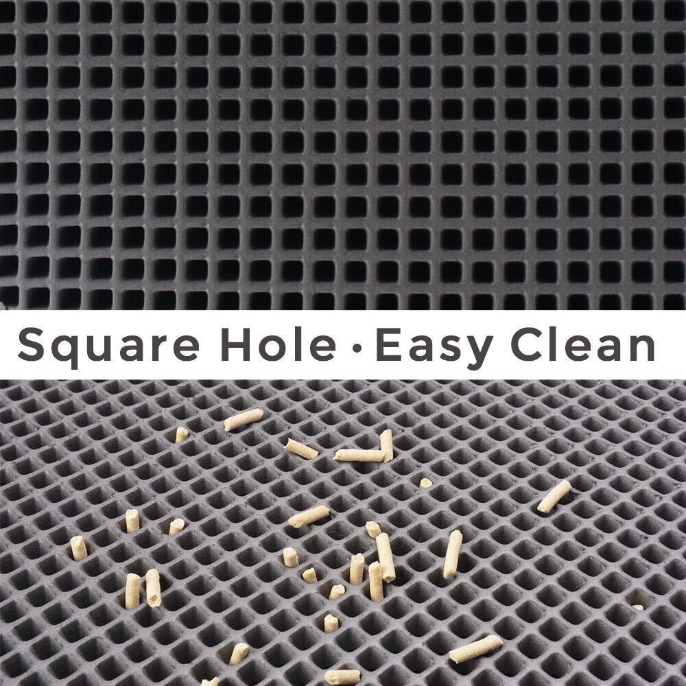 Textured surface with square holes and scattered cylindrical objects, labeled 'Square Hole · Easy Clean'.