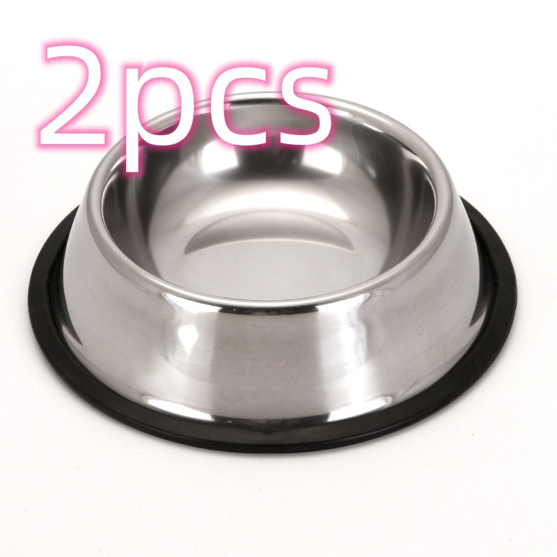 Stainless steel pet bowl with black rubber base on a white background, labeled '2pcs'.