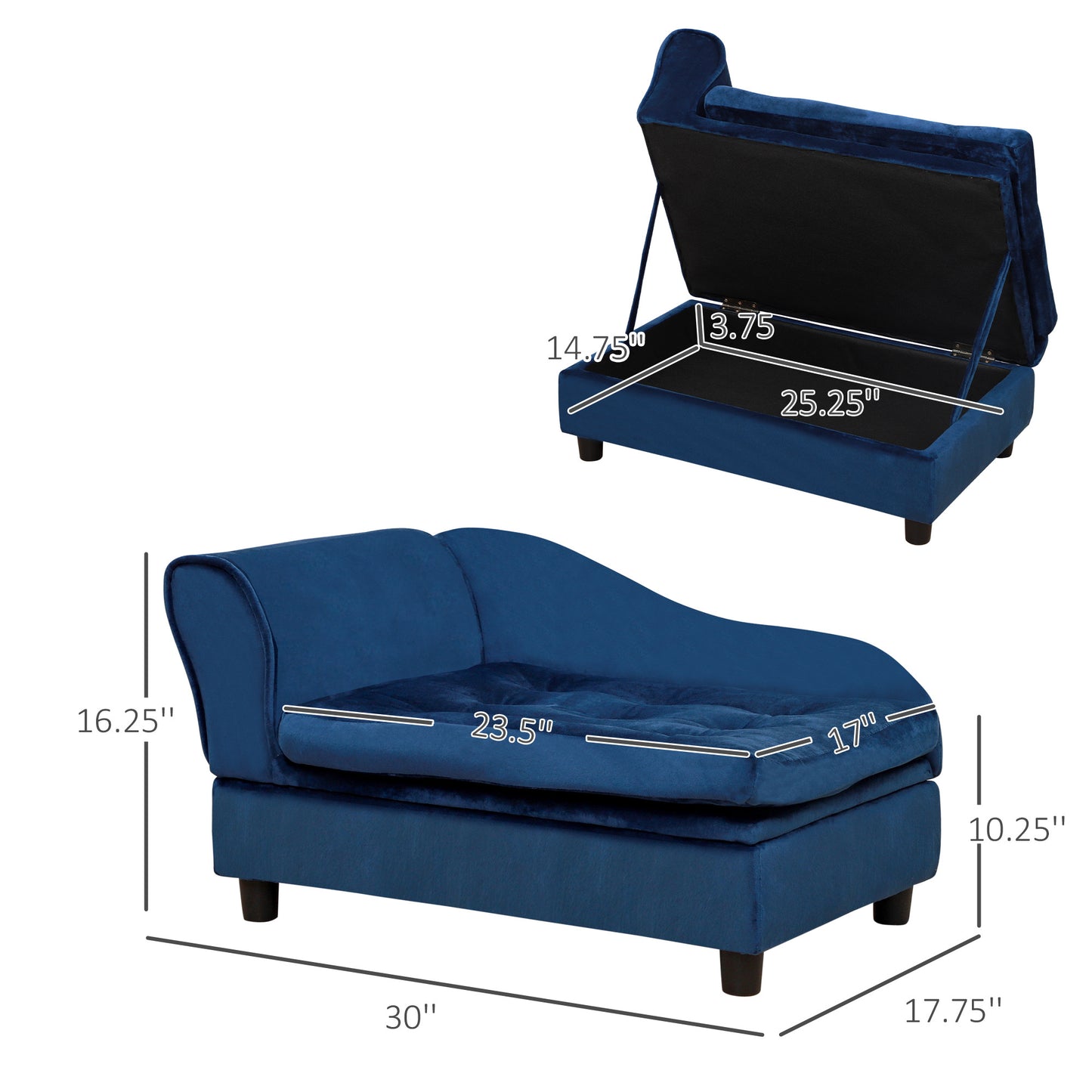 Blue pet bed with dimensions on a white background