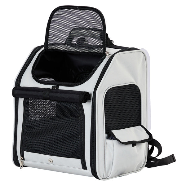 Pet carrier backpack with black mesh sides on a white background