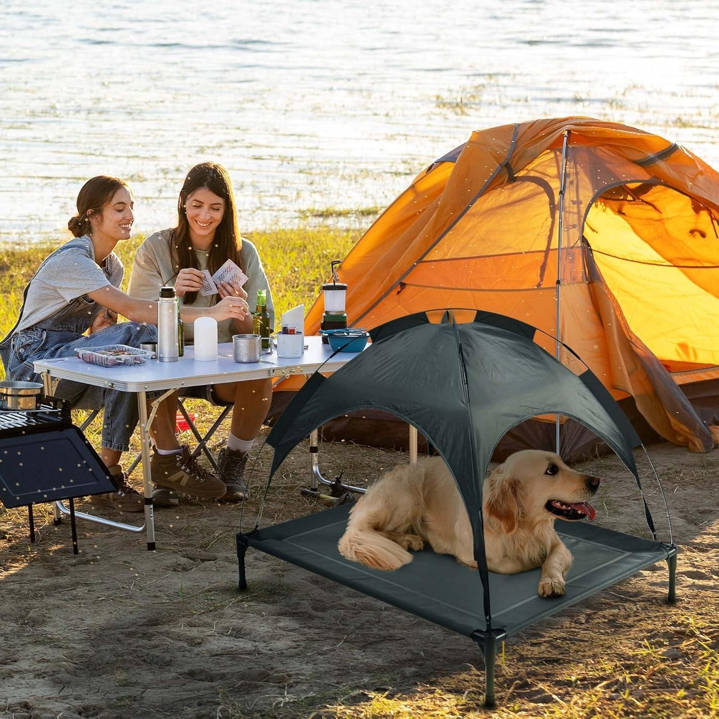 Two women sitting at a table with a tent and a dog on a cot in a camping setting.