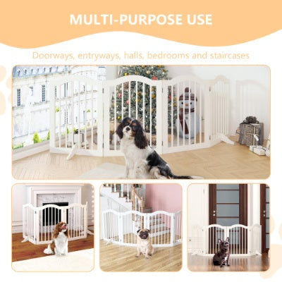 White pet gate used in various indoor settings with dogs, labeled 'Multi-Purpose Use'.