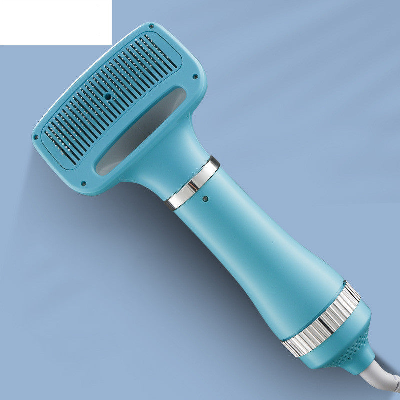 Blue handheld device with a silver nozzle on a light blue background