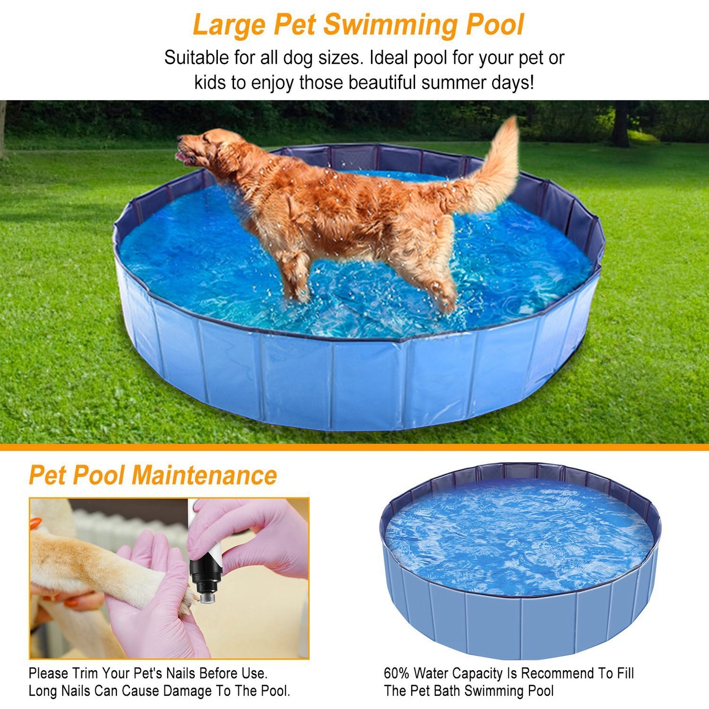 Large pet swimming pool with a dog inside, on grass, with text about pool suitability and maintenance.