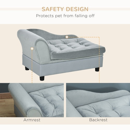 Gray pet bed with safety design features on a beige background