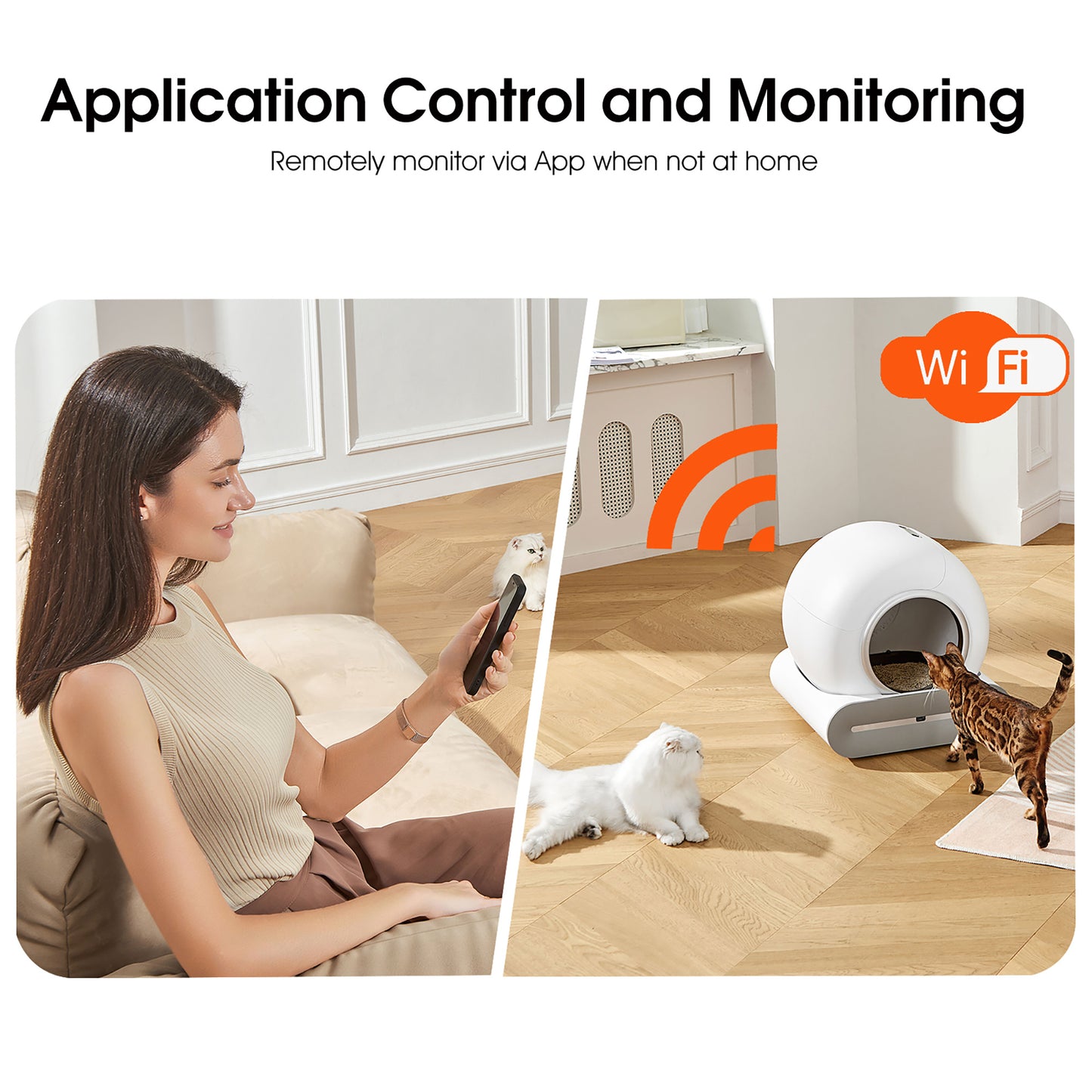 Woman using a smartphone app to monitor pets with a smart pet door and Wi-Fi icon.