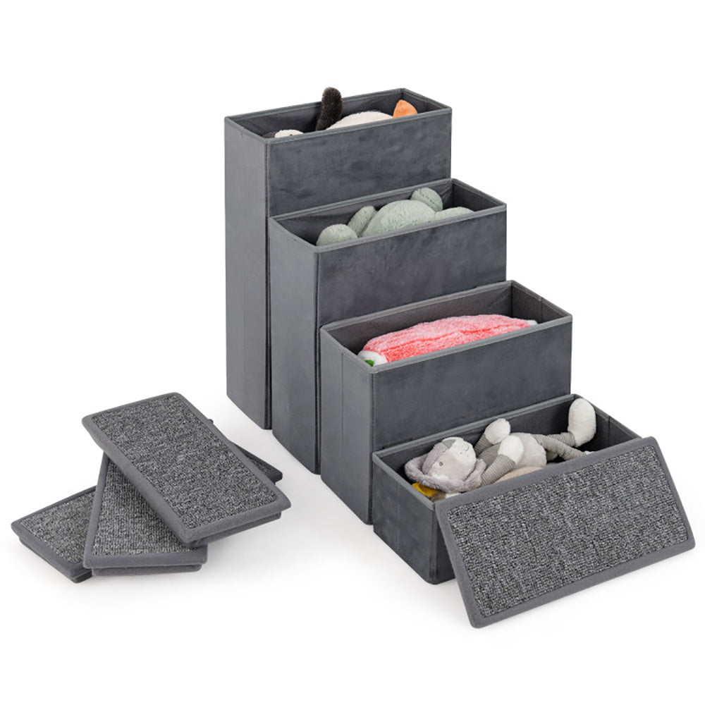 Set of gray fabric storage bins with toys inside on a white background