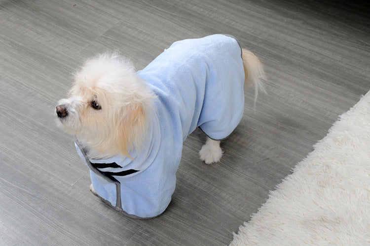 Small dog wearing a light blue hoodie on a gray floor.