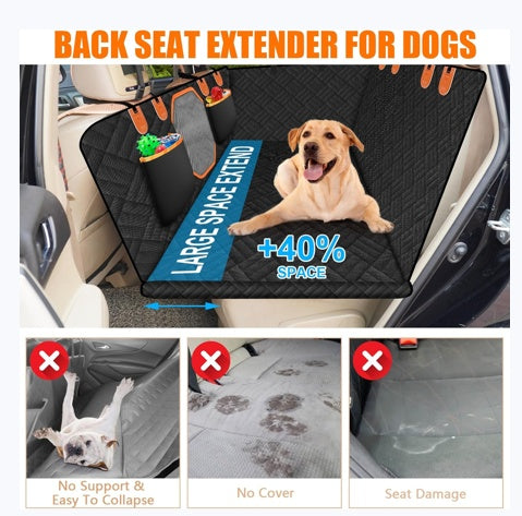 Back seat extender for dogs with a dog on it, showing space extension and benefits.