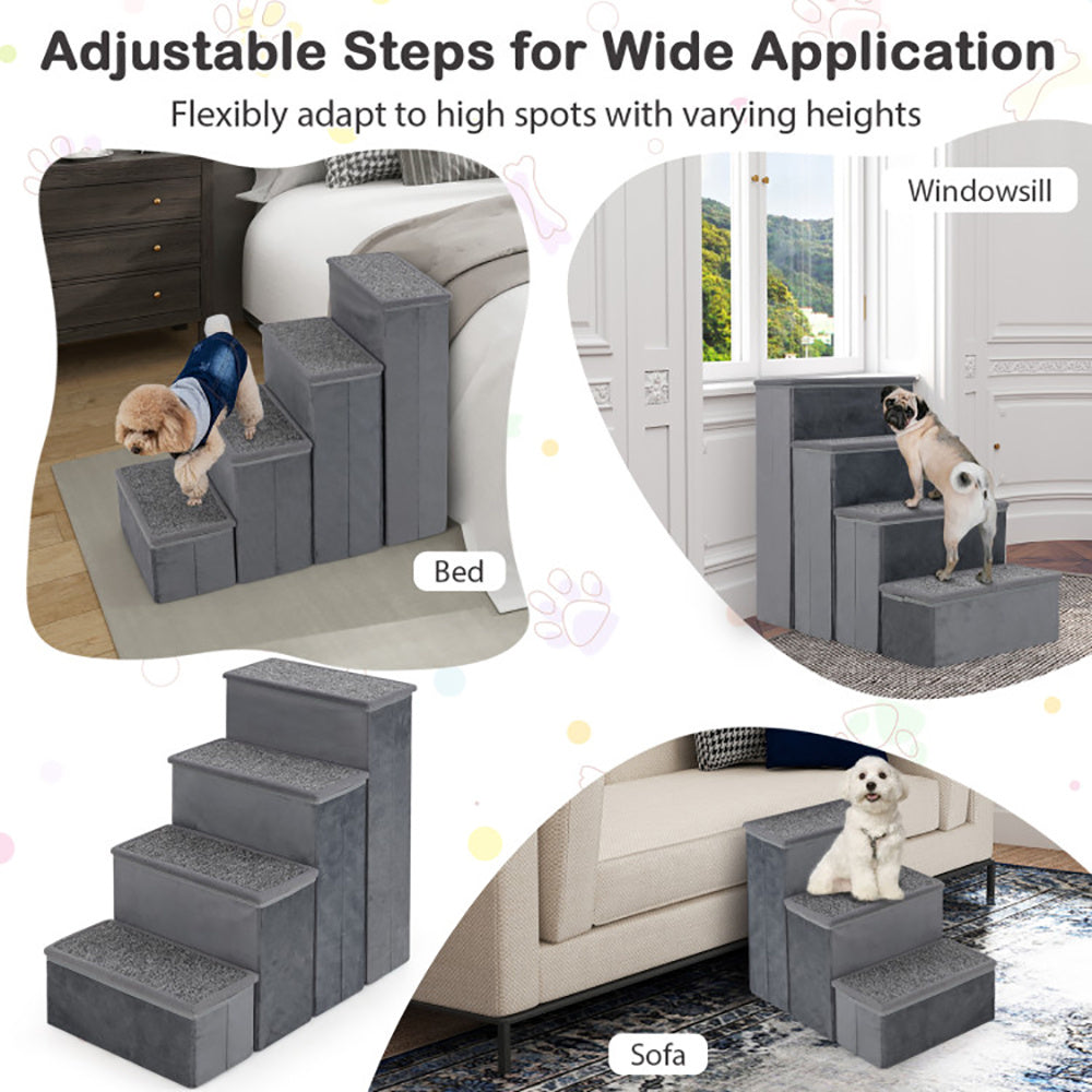 Dog steps with text 'Adjustable Steps for Wide Application' and images of a dog using the steps in various settings.
