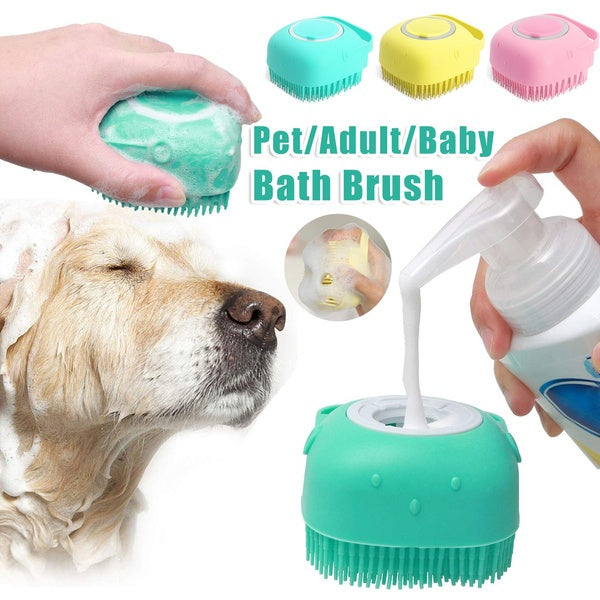 Pet bath brush with a dog and soap bottle on a white background