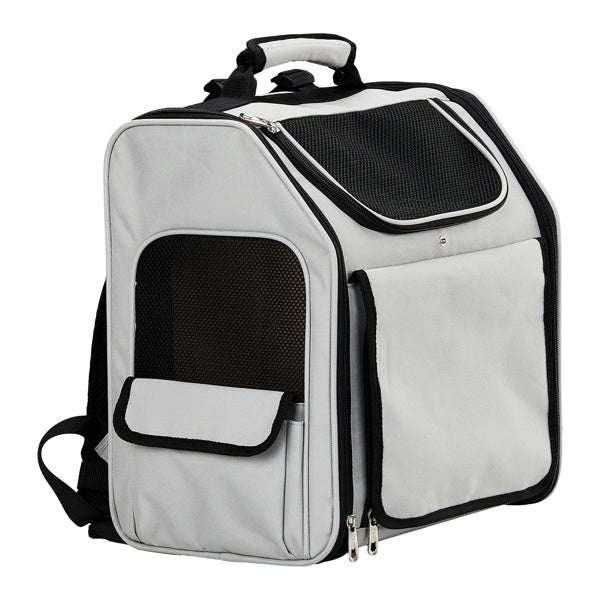 White pet carrier with black accents on a white background