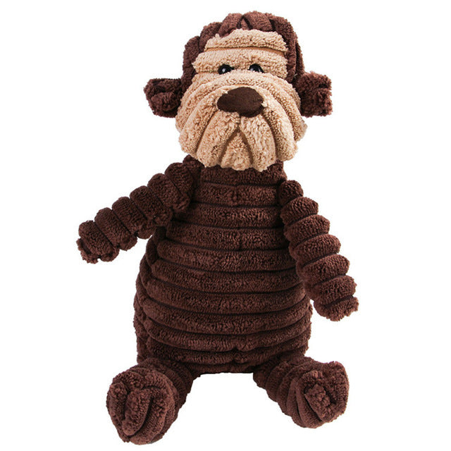 Brown plush dog toy with a textured body on a white background