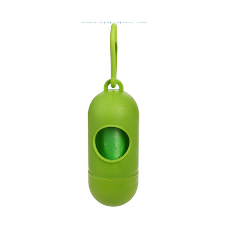 Green pet poop bags with a hanging mechanism on a white background
