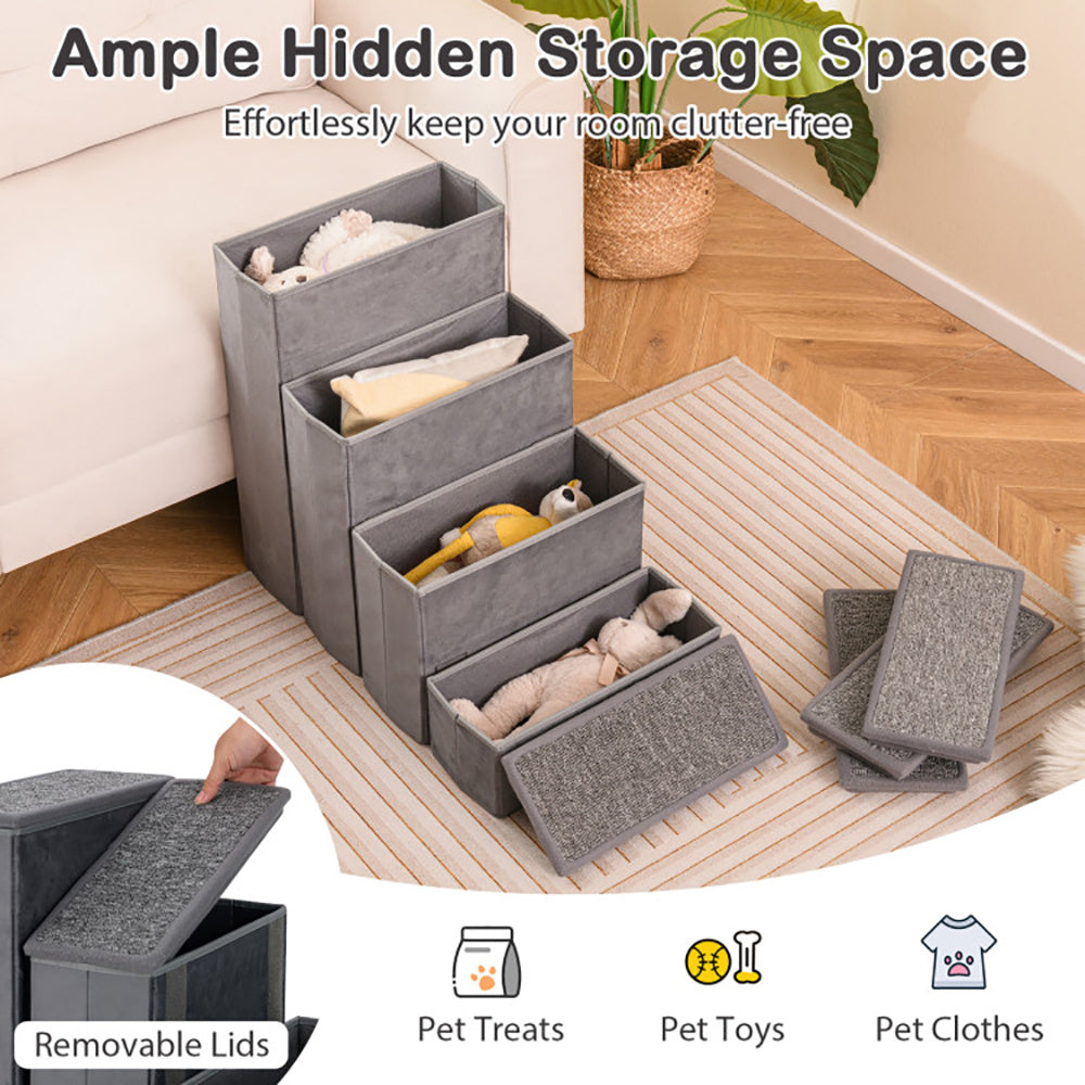 Gray storage bins with removable lids used for pet supplies in a room setting.