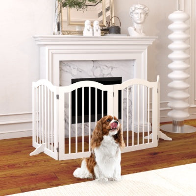 Dog standing in front of a white fireplace gate in a home setting.