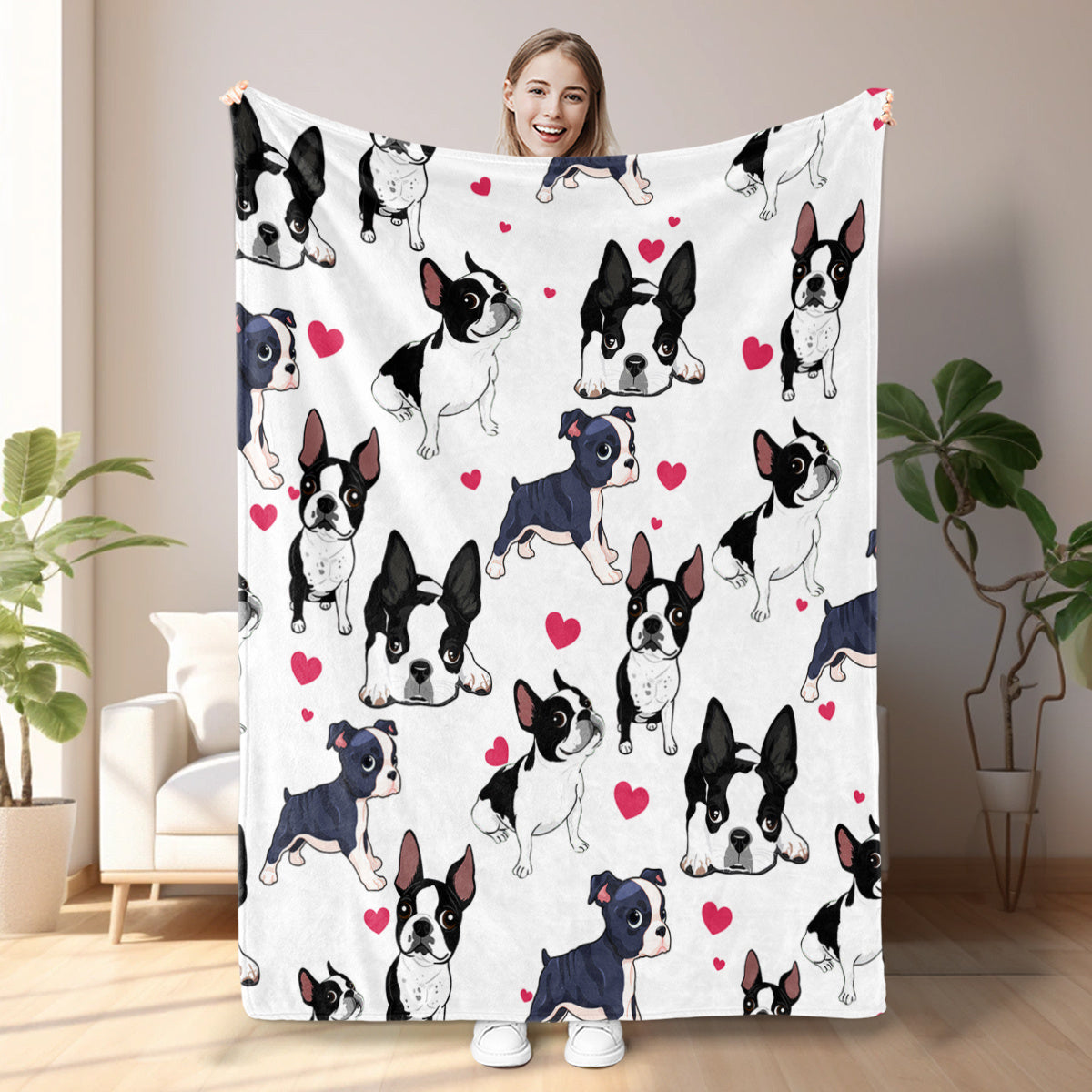 Person holding a blanket with dog pattern in a room with plants and furniture.