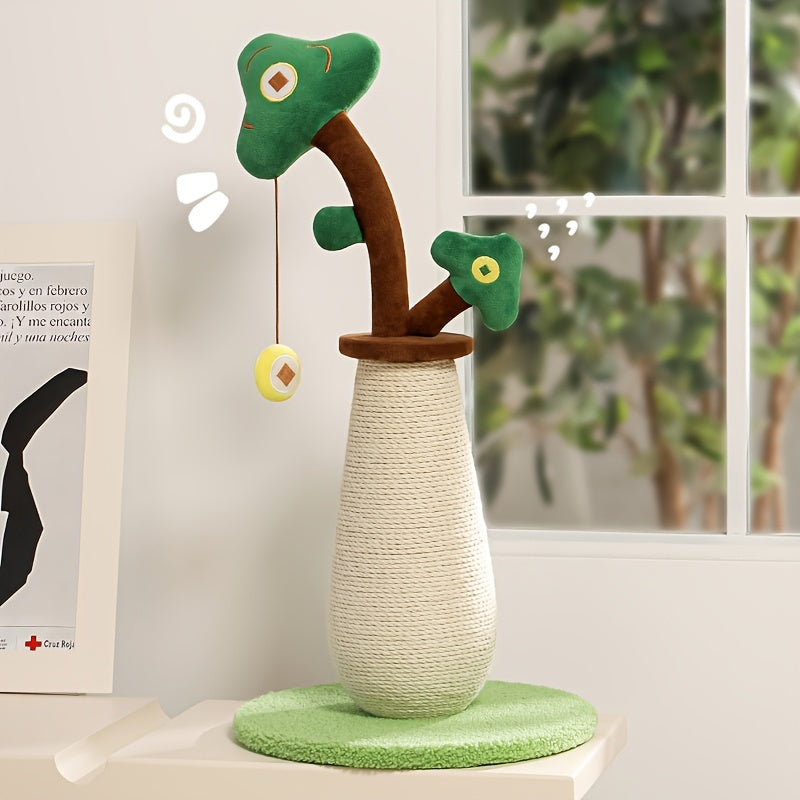 Cat toy resembling a plant with a scratching post on a surface.