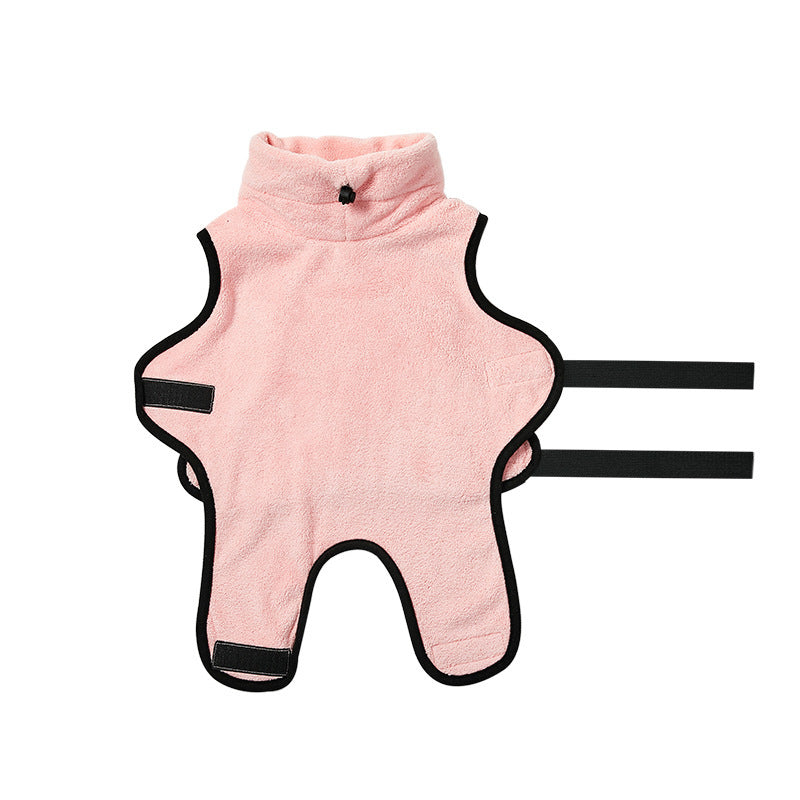 Pink dog bath towel with black accents on a white background