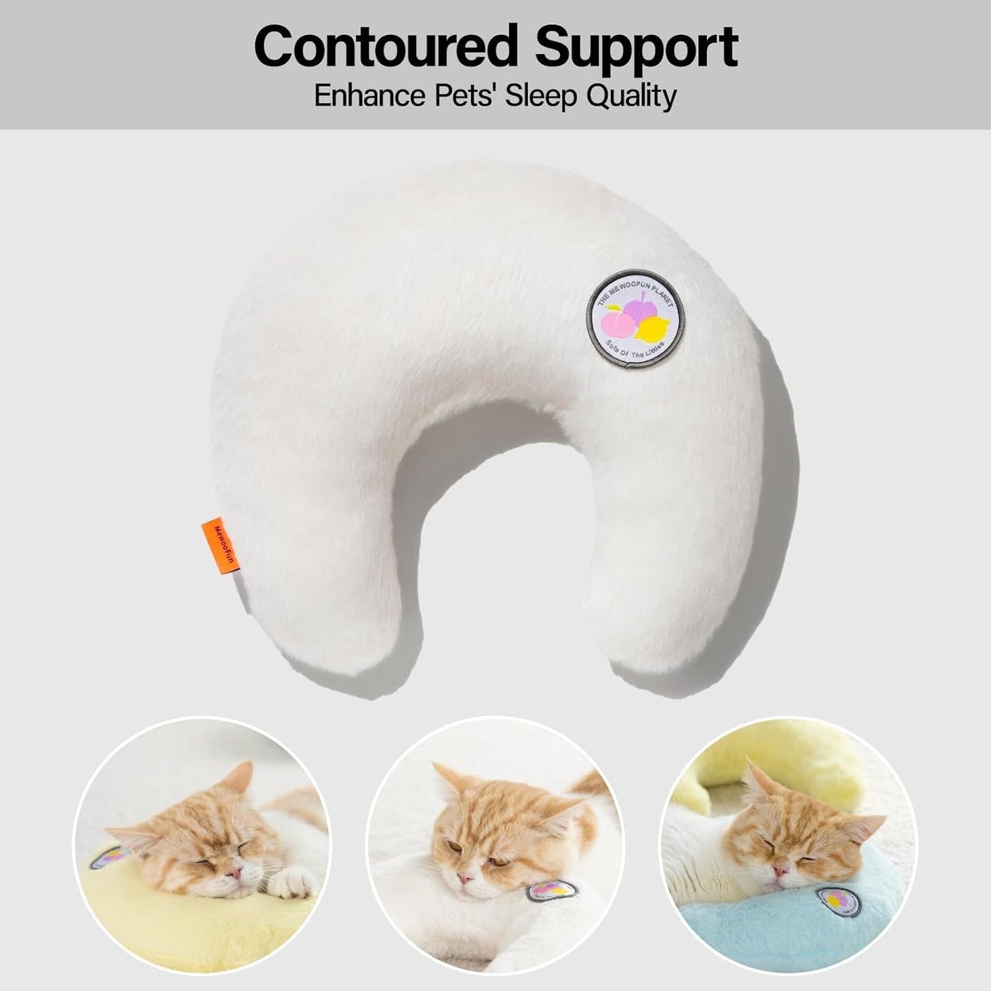 Pet pillow with contoured support for enhancing pets' sleep quality, featuring a cat on a white background.