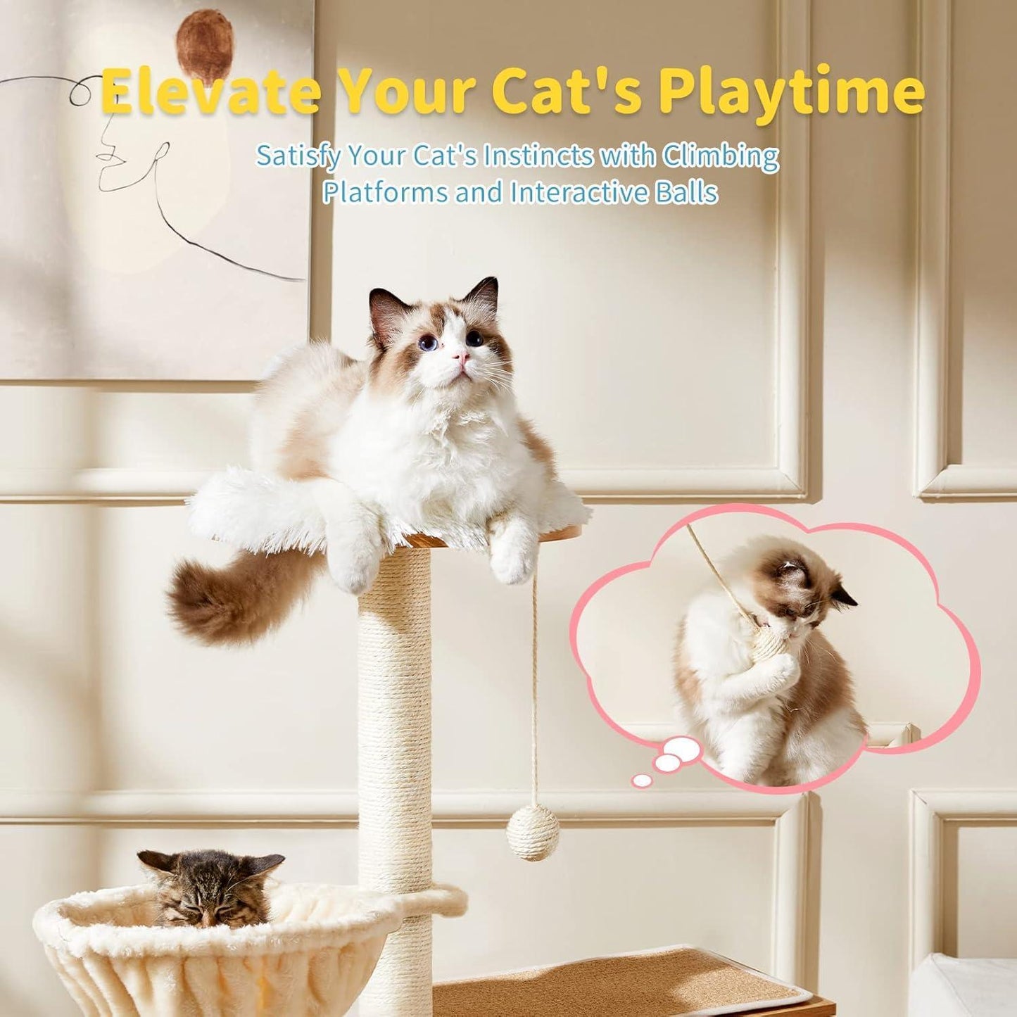 Cat playing on a climbing platform with text 'Elevate Your Cat's Playtime' in a home setting.