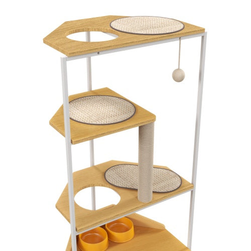 Corner cat tree with wooden platforms, a scratching post, and cat toys on a white background