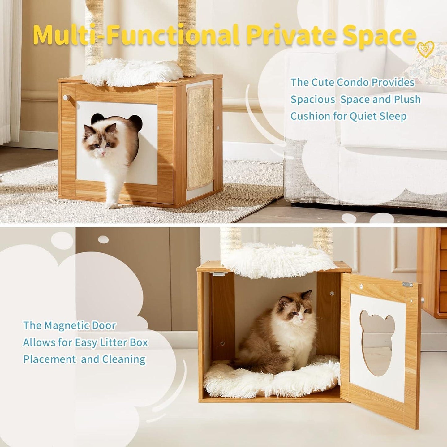 Cat condo with magnetic door in a home setting, featuring text about its features.