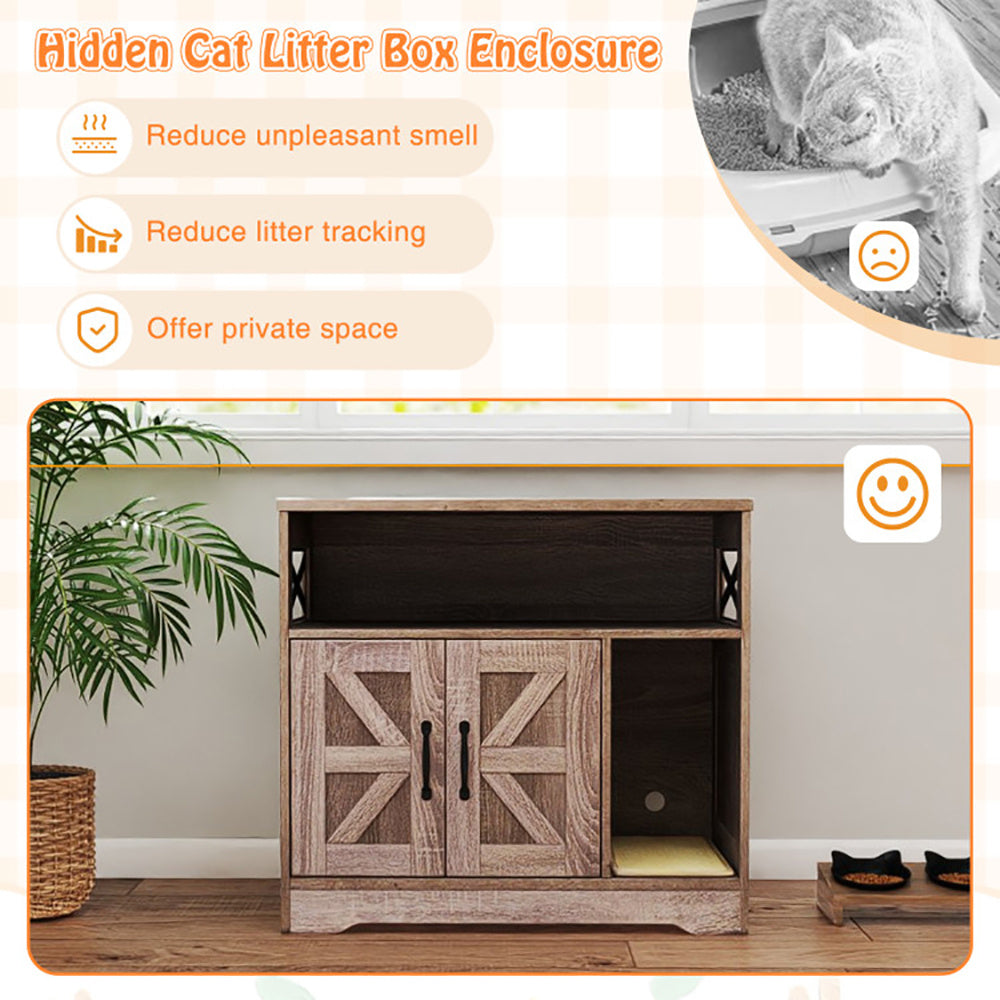 Wooden cabinet with a hidden cat litter box enclosure, featuring text benefits on an orange background.