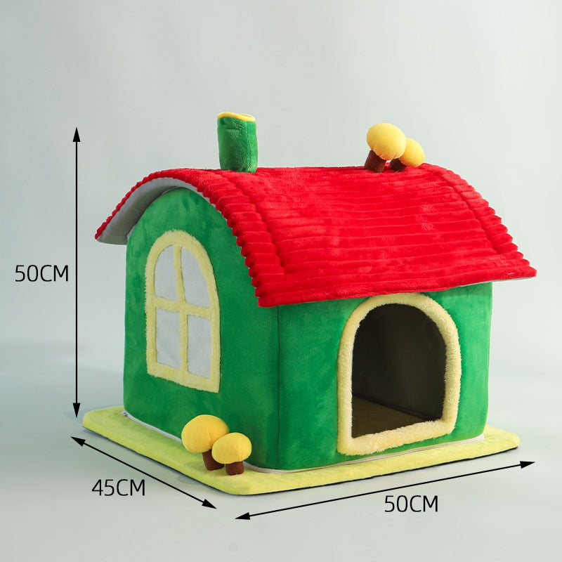 Green and red pet house with measurements on a gray background