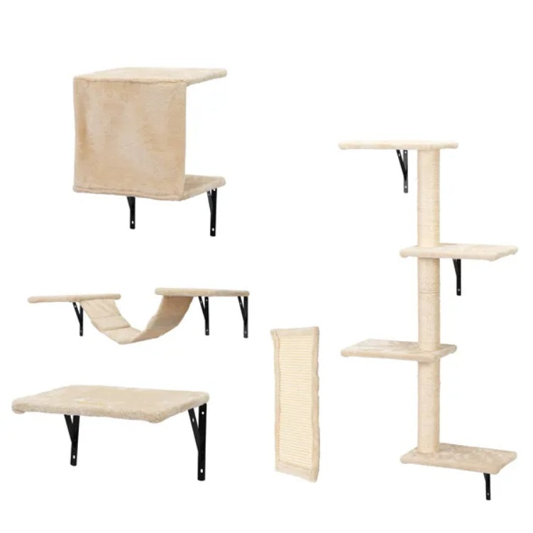 Collection of beige cat furniture pieces on a white background