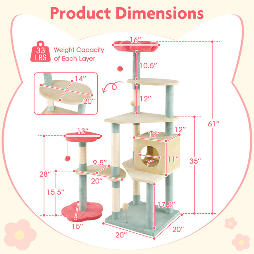 Dimensions of a multi-level cat tree with various measurements and weight capacity details.
