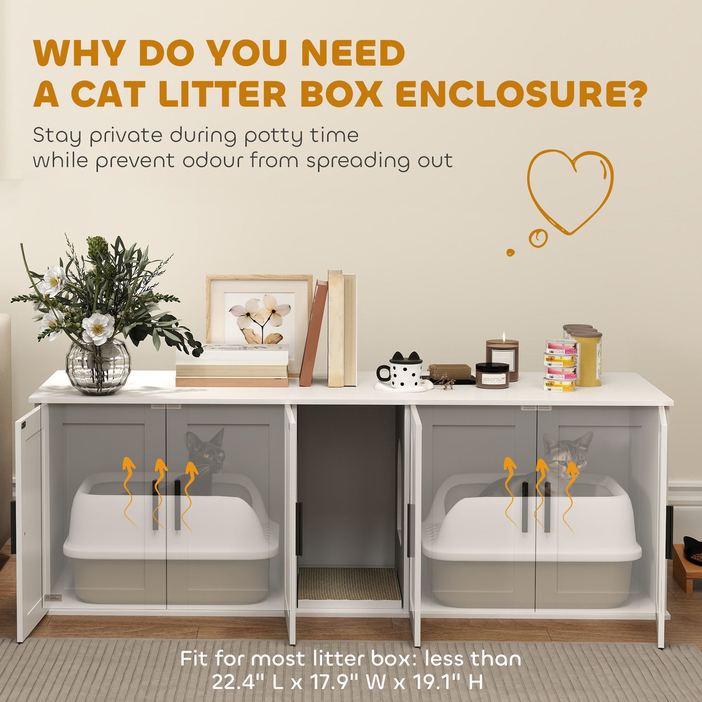Cat litter box enclosure with text explaining its benefits on a neutral background