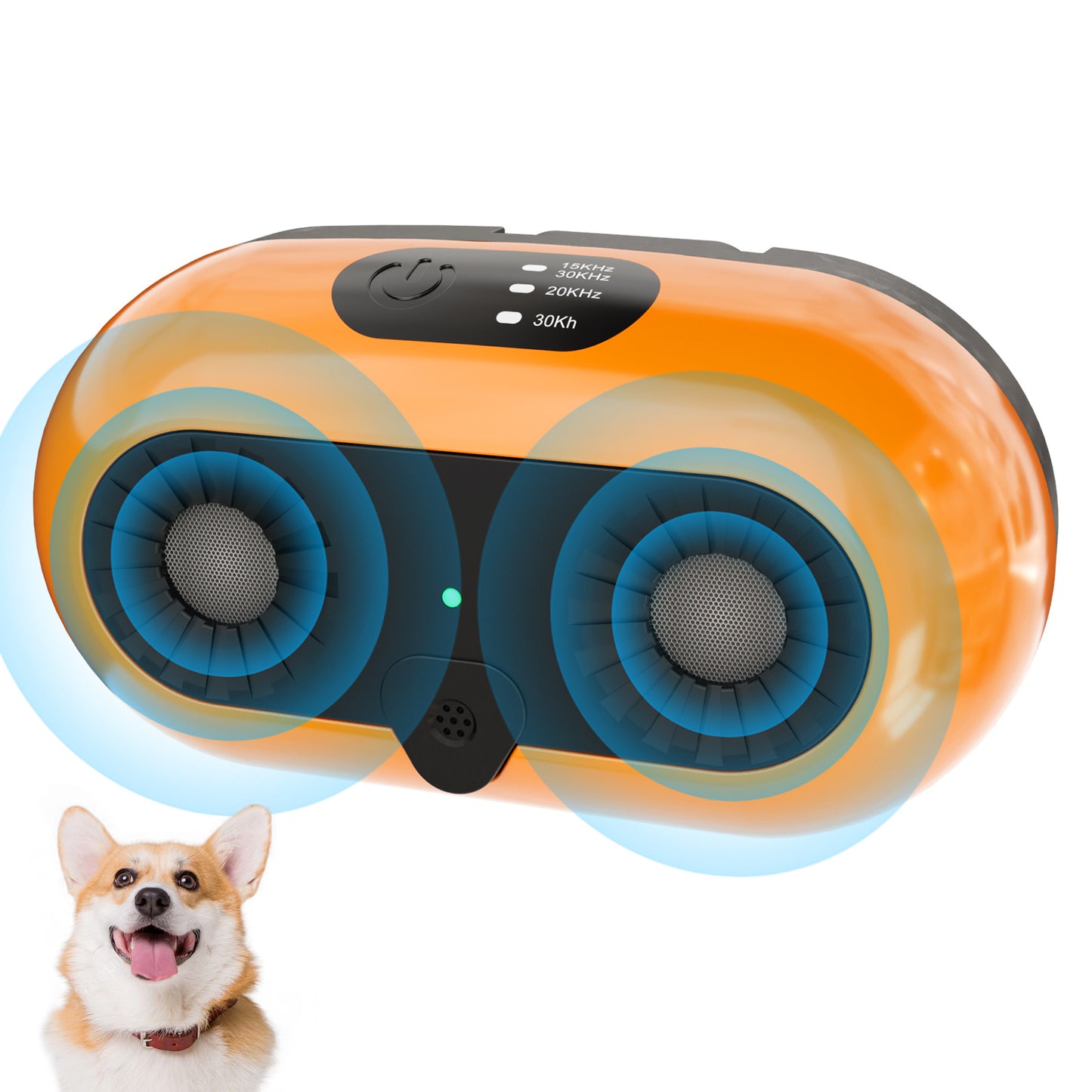 Orange and blue device anti barking with a happy dog in the corner on a white background