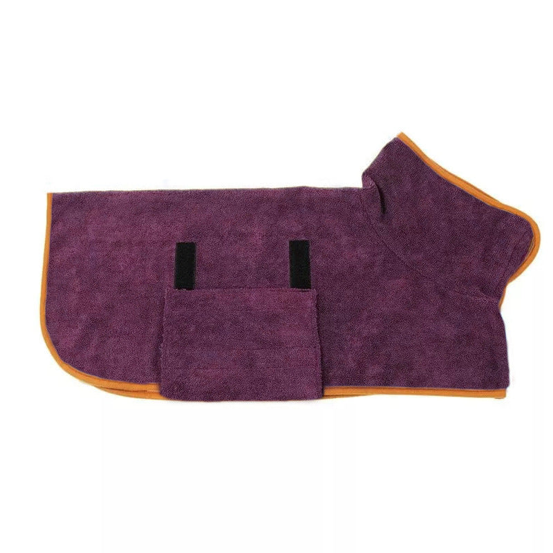 Purple dog towel with orange trim on a white background