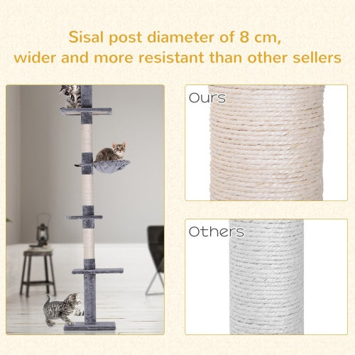 Cat climbing post with sisal rope, showing diameter comparison with other sellers.