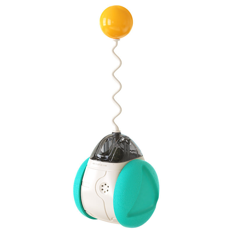 Cat toy with a yellow top and teal base on a white background