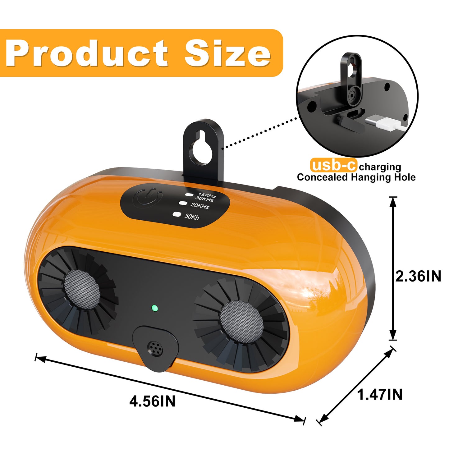 Orange and black electronic anti barking device with measurements and features highlighted on a white background