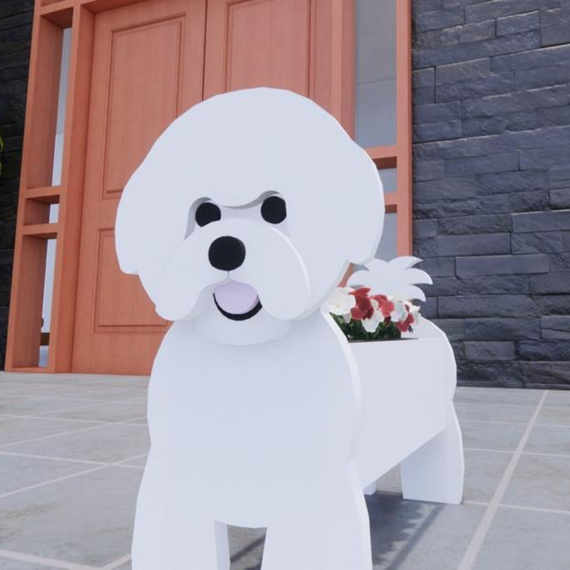 White dog-shaped chair in front of a building with a plant on a windowsill.