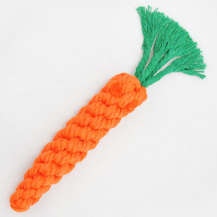 Dog toy shaped like a carrot with a green top on a white background