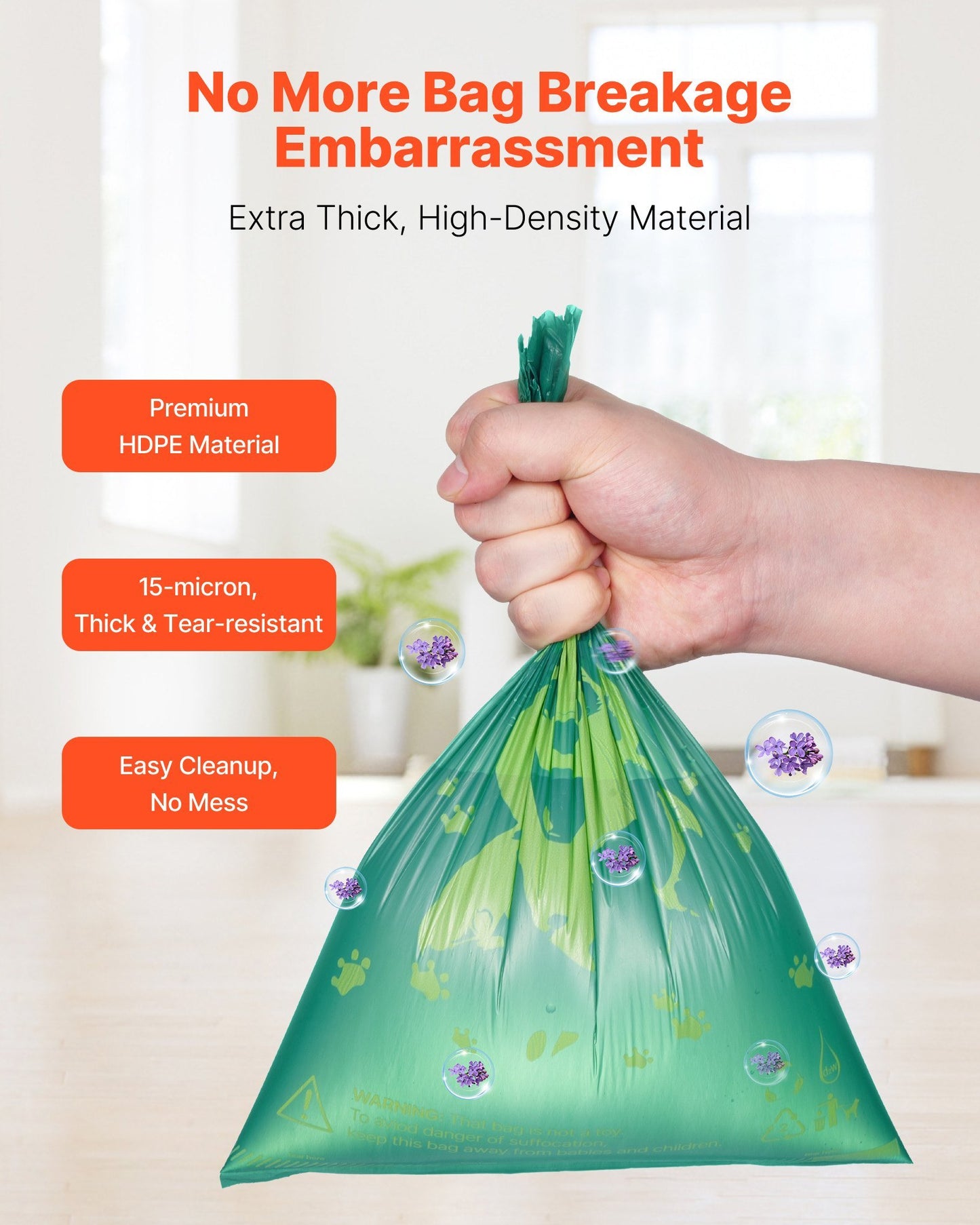 Hand holding a green waste bag with text highlighting features on a white background