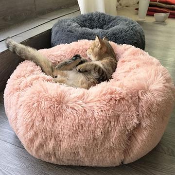 Cat lying on a fluffy pink pet bed with another cat in the background