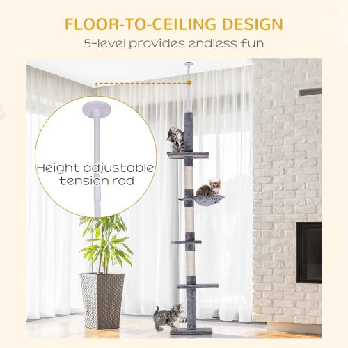 Cat tree with multiple levels and height adjustable tension rod in a room setting.