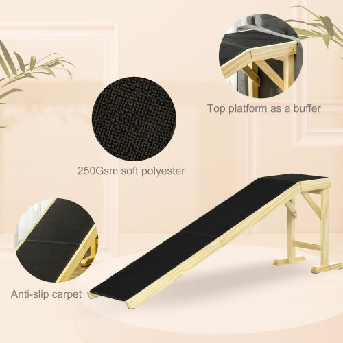 Wooden dog ladder with features describing it: Top platform as a buffer, 250 Gsm soft polyester, Anti-slip carpet