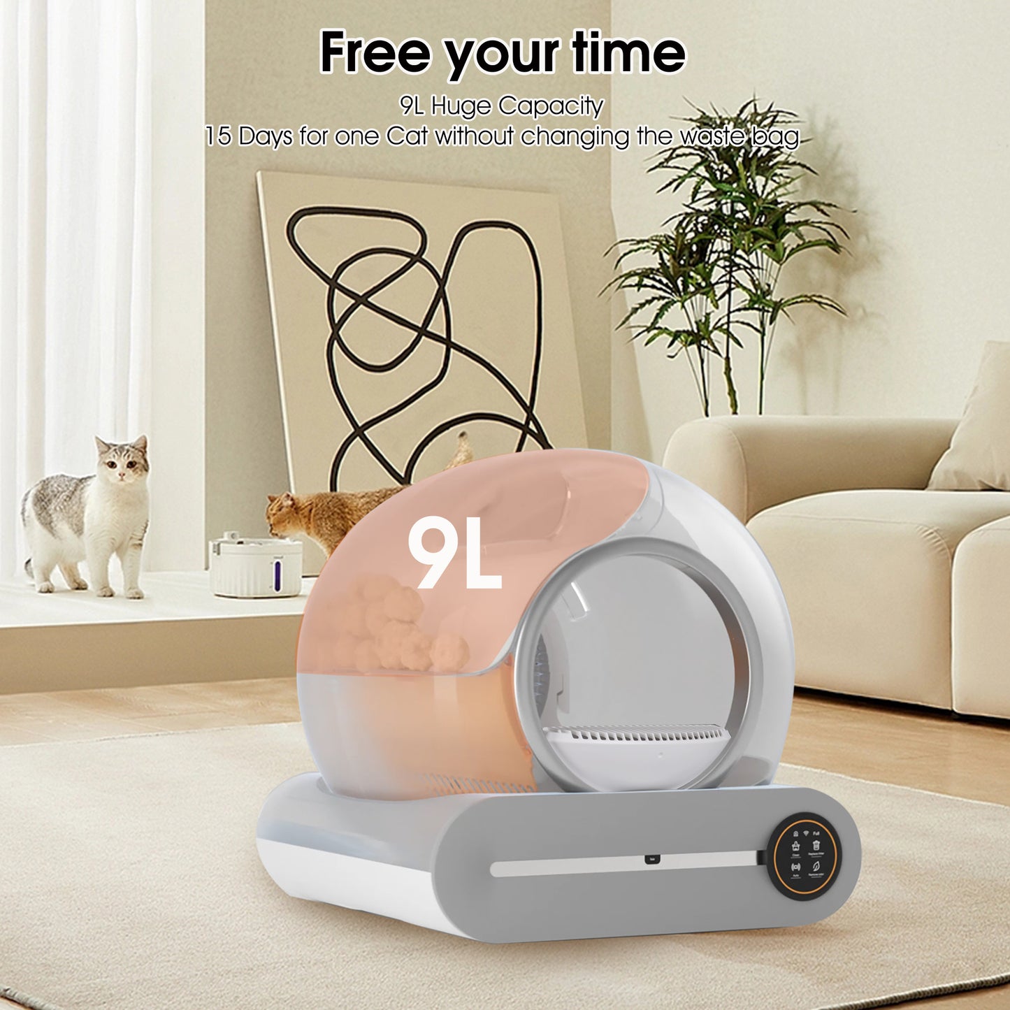 Pet waste management system with cats in a living room setting