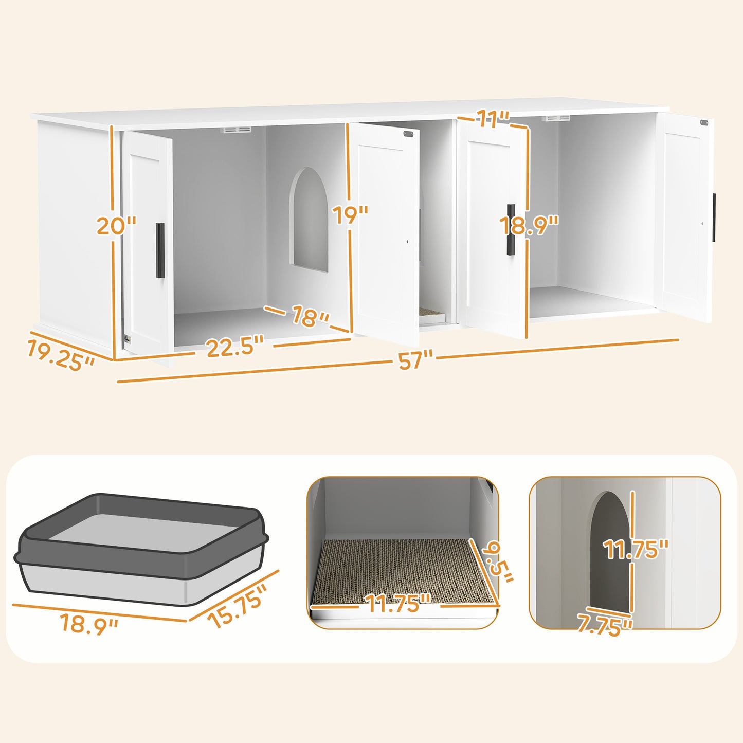Dimensions of a pet enclosure with inset images of a litter box and a cat tree.
